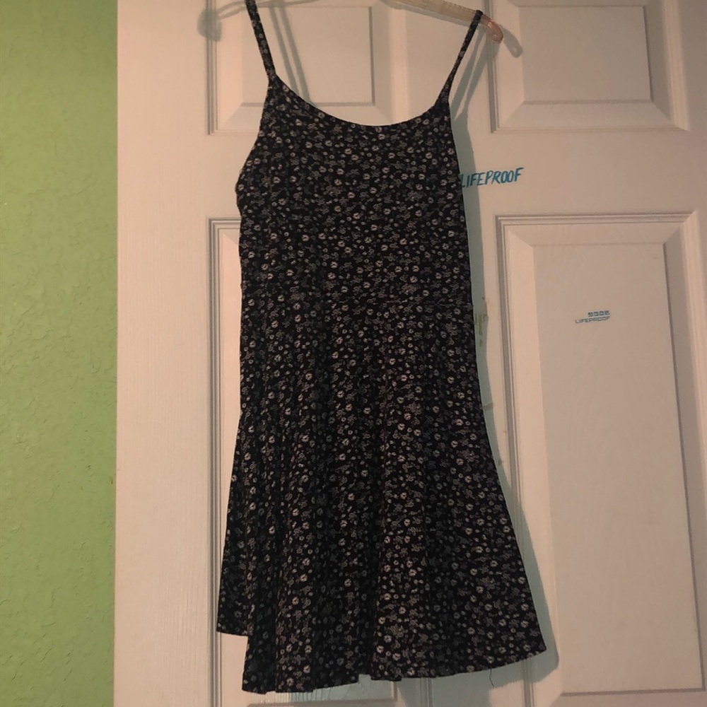 black mini dress with floral prints